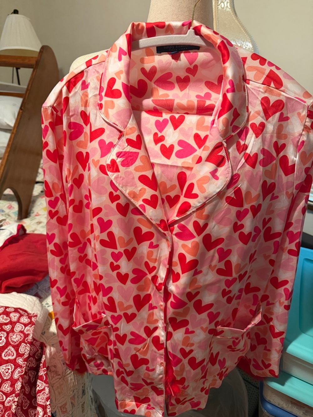 Simply Southern Heart-Print Satin Pajama Top - Pink & Red